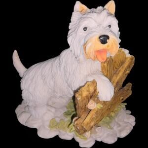 Vintage Westie Puppy Figurine Dog Leaning on Wood Fence Garden Statue Decor
